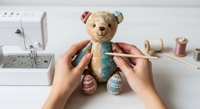 Hands holding and painting a stuffed teddy bear with a sewing machine and threads on a table.