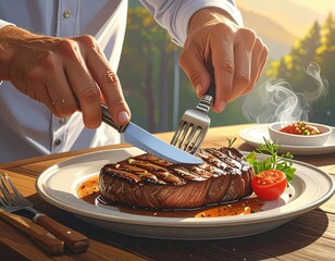 Men's hands holding knife and fork, cutting grilled steak