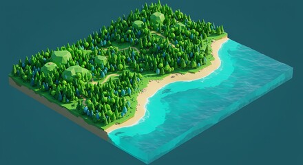 Fototapeta premium Low Poly Isometric Forest Island with Sandy Beach and Turquoise Ocean