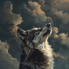 The wolf stands tall, its gaze directed upward, as if contemplating the mysteries hidden in the endless sky above.