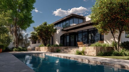 Obraz premium Modern single-story house with large glass windows and sliding doors, flat roof with dark beams,