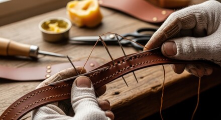 Close-up of hands stitching a brown leather belt on a wooden workbench with tools.