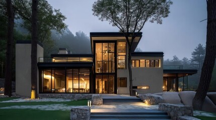 Obraz premium Modern multi-story house at twilight with large glass windows, warm interior lighting, manicured lawns,