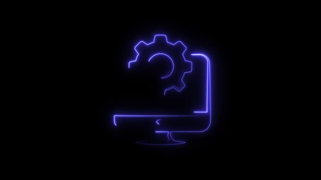 A neon-style icon representing computer settings or development, featuring a gear (cogwheel) within a computer monitor.