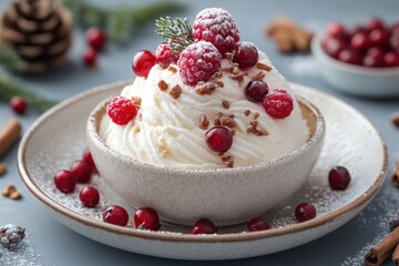 Small bowl filled with whipped cream and cranberries.