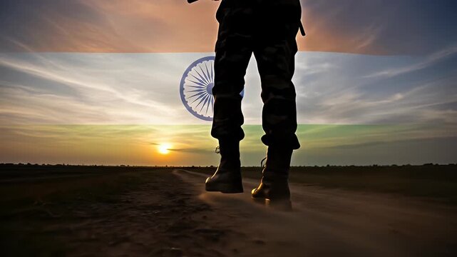 The legs and boots of a soldier walking on a dusty road with the Indian flag at sunset