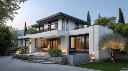 Fototapeta premium A contemporary white house with large glass windows and black frames, surrounded by a well-maintained green lawn,