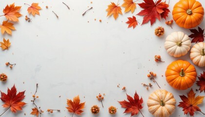 Obraz premium Autumn background with pumpkin. Autumn still life with pumpkins. Flat lay autumn composition with copy space. Festive autumn decor