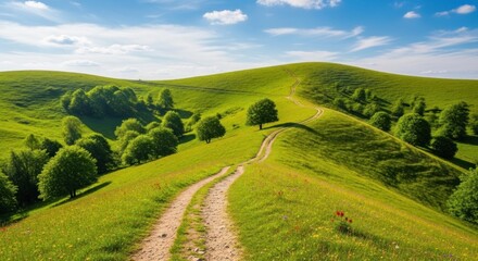 Fototapeta premium A dirt road winds through a lush green meadow with trees and a clear blue sky in the background.