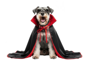 Vector art of a miniature schnauzer dog dressed as a vampire with a black and red cape