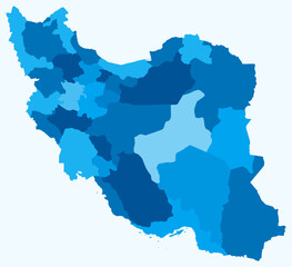 Map of Iran with regions. Just a simple country border map with region division. Light blue color palette. Blank Islamic Republic of Iran shape with administrative division. Vector illustration.