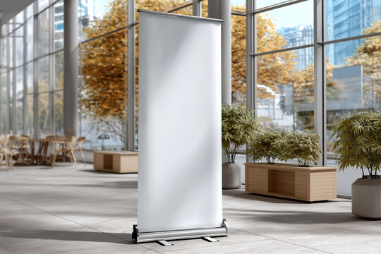 A mockup blank roll-up banner stands prominently in a bright, modern office lobby with city views and potted plants. It symbolizes opportunity and brand potential.