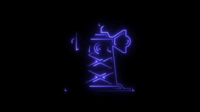 A neon-style illustration of a communication tower, possibly representing a radio tower or a cellular tower, emitting signal waves. 