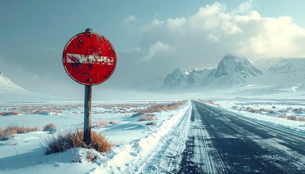 Snowy road with stop sign - Powered by Adobe