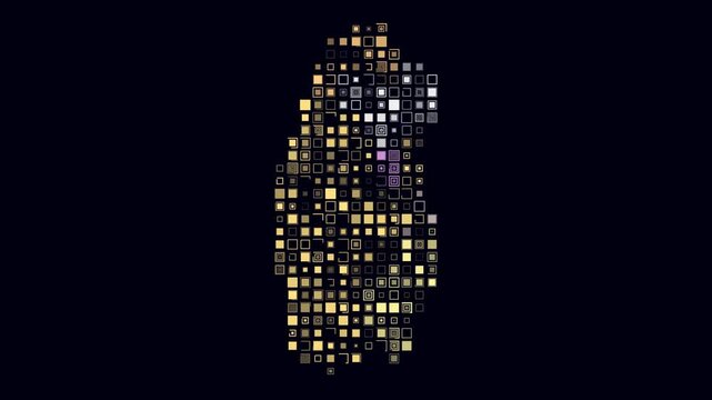 Qatar animated country shape. Pulsating colored dots on the map of the country. Large size square blocks. Digital style Qatar map on dark background. Trending animation video.