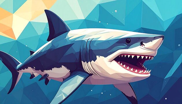 A digital illustration of a great white shark, rendered in a low-poly style, swimming
