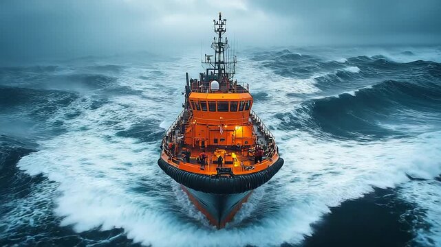 A ship sailing through rough waters in a storm.