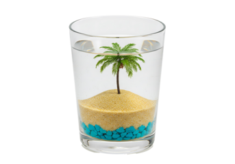 Miniature tropical island sits inside a tall drinking glass simulating microcosm and paradise escape concept.