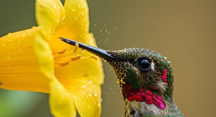 Hummingbird Feeding on Yellow Lily Flower