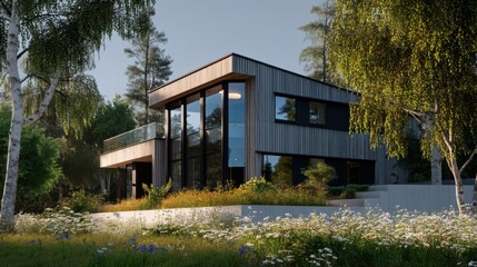 Fototapeta premium Modern single-story house with horizontal wood siding in natural gray-brown tones,
