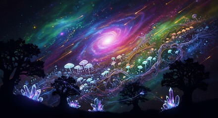 Surreal Cosmic Landscape with Glowing Mushrooms and Crystals Under a Galaxy Sky nebula universe