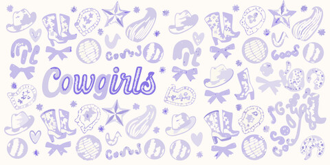 Whimsical cowgirls pattern featuring boots hats stars and paisley in soft lavender hues