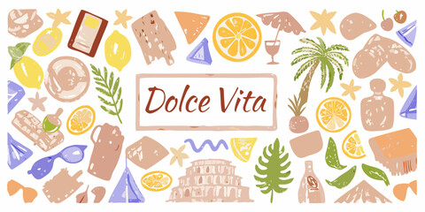 Dolce vita illustration with italian landmarks and summer vacation elements