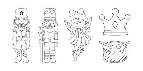 Set of outline coloring pages featuring classic Nutcracker characters. Includes two toy soldiers, a ballerina, a drum, and a crown. Perfect for Christmas and holiday projects.
