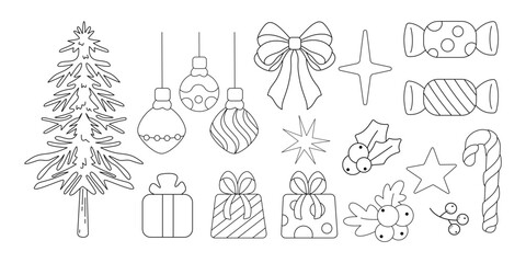 Set of Christmas ornaments, including a fir tree, baubles, bows, gifts, candy canes, and holly. Perfect for for coloring book, seasonal designs, illustrations, and holiday greeting cards.