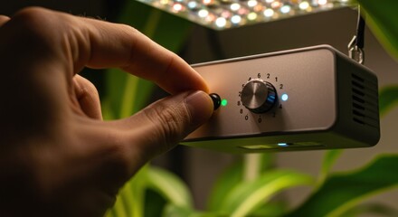 Hand adjusting small dial on device with plant in background