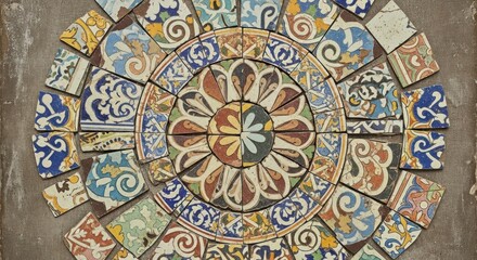 Obraz premium Close-up of a colorful mosaic art piece with floral patterns on a concrete background.