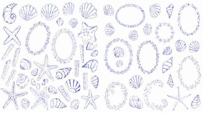 Collection of blue watercolor hand drawn seashells starfishes and decorative frames on white background