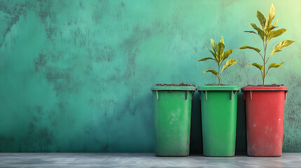 recycling and nature themes: photos of trees sprouting from waste, Earth held above trash, and green initiatives with ample blank spaces for environmental messages.