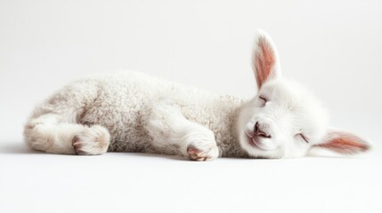 Sleeping lamb with white fur isolated on a white background