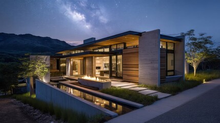 Fototapeta premium Modern house at night with contemporary architecture, wood and concrete materials, large windows,