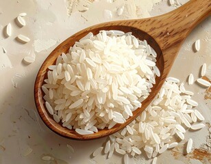 Close-up of raw white rice in a wooden spoon and on a table, top view