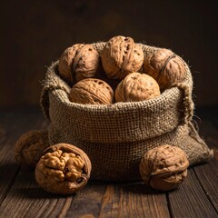 A burlap sack overflowing with brown, textured walnuts on wooden surface