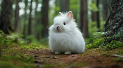 Fluffy white rabbit stands alert in a lush forest environment