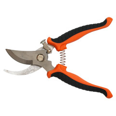 Curved blade pruning shears isolated on transparent background with orange and black rubber grips and spring mechanism. Ideal for gardening content.