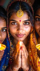 Obraz premium Three girls dressed in vibrant, traditional saris hold flickering candles, their joyful expressions illuminated by the warm glow, creating a festive atmosphere.