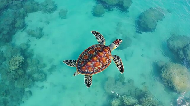 green sea turtle swims gracefully underwater near tropical beach