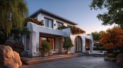 Fototapeta premium Modern residential building at dusk featuring clean lines, large windows, warm-lit interiors, balcony with bench,