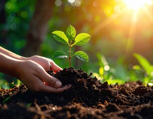 Planting trees by hand in nature to save the earth. An eco-friendly concept.