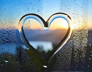 Love shaped hand drawn symbol on wet glass background.