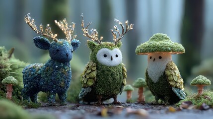 Fototapeta premium Enchanting Moss-Covered Deer with Textured Fur and Shimmering Crystal Fox Enhancing the Mystical Forest Experience