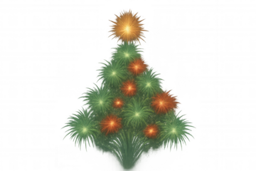 Christmas tree formed by green fireworks and decorated with sparkling orange and green firework bursts, featuring a star on top