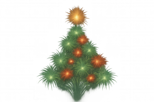 Christmas tree formed by green fireworks and decorated with sparkling orange and green firework bursts, featuring a star on top