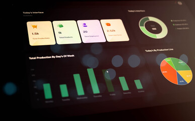 Angled view of modern business dashboard interface showing production data, employee stats, and product performance through infographic elements for data analysis and corporate use.