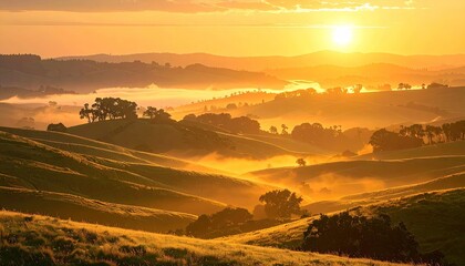 Obraz premium Golden Twilight Over Rolling Hills Landscape with Soft Morning Mist and Warm Sunlight