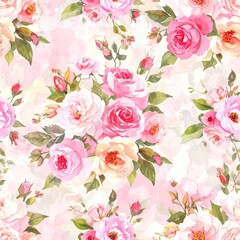 Fototapeta premium A vibrant seamless pattern featuring delicate watercolor roses in various shades of pink and red, intertwined with lush green leaves, perfect for textiles.
